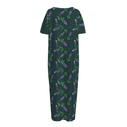 Purple Lavender Pattern Print Short Sleeve Long Nightdress