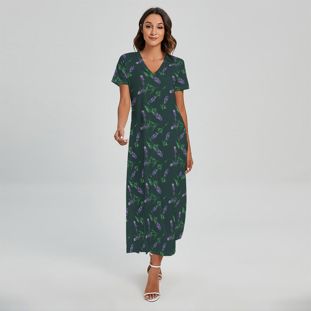 Purple Lavender Pattern Print Short Sleeve Maxi Dress