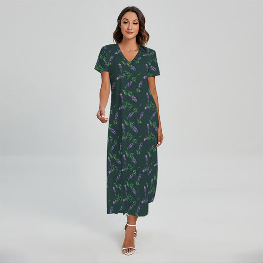 Purple Lavender Pattern Print Short Sleeve Maxi Dress