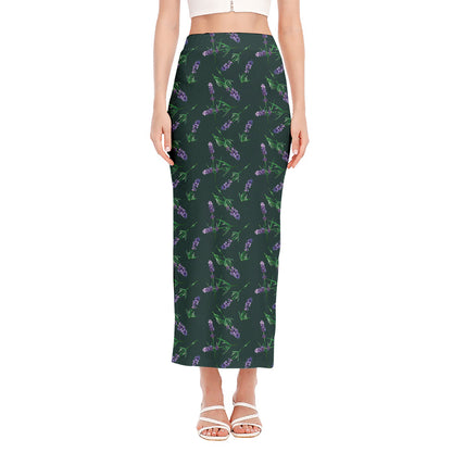 Purple Lavender Pattern Print Side Slit Maxi Skirt