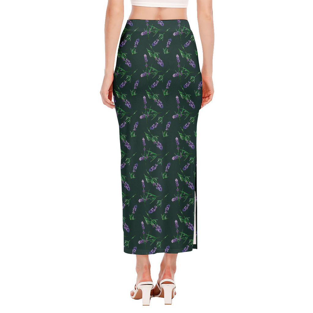 Purple Lavender Pattern Print Side Slit Maxi Skirt