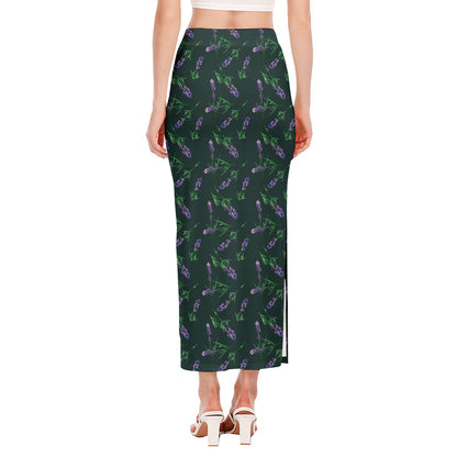 Purple Lavender Pattern Print Side Slit Maxi Skirt