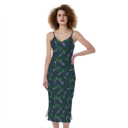 Purple Lavender Pattern Print Slim Fit Midi Cami Dress