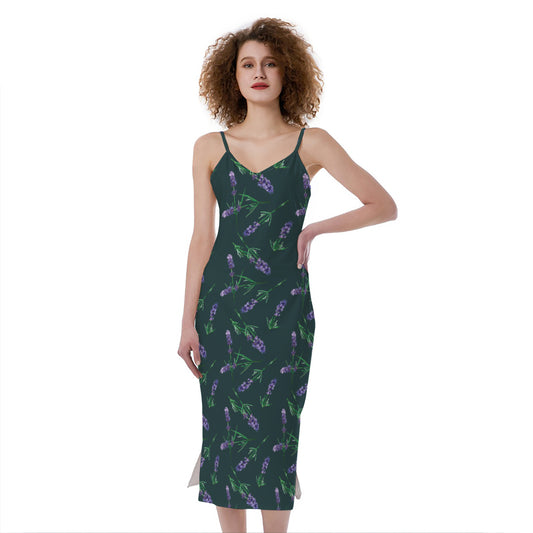 Purple Lavender Pattern Print Slim Fit Midi Cami Dress