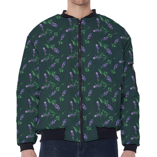 Purple Lavender Pattern Print Zip Sleeve Bomber Jacket