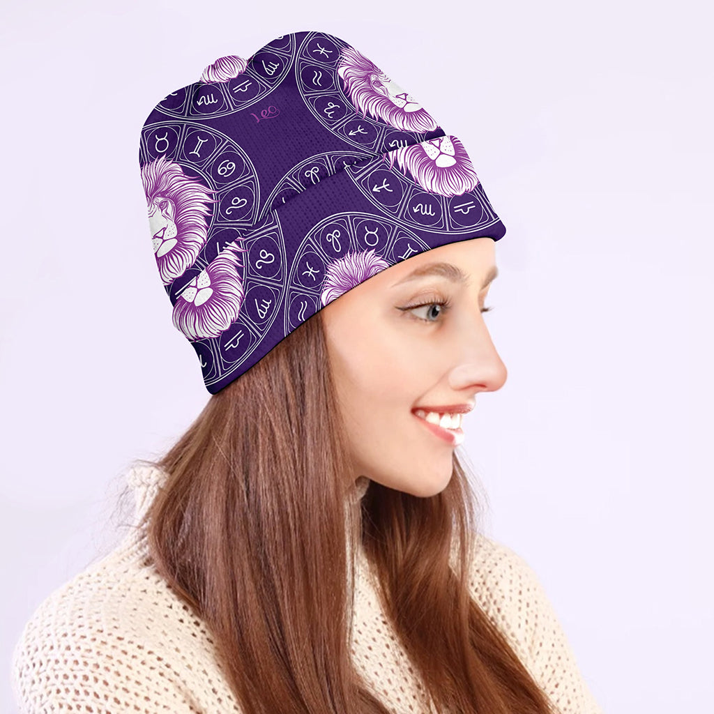 Purple Leo Zodiac Pattern Print Beanie