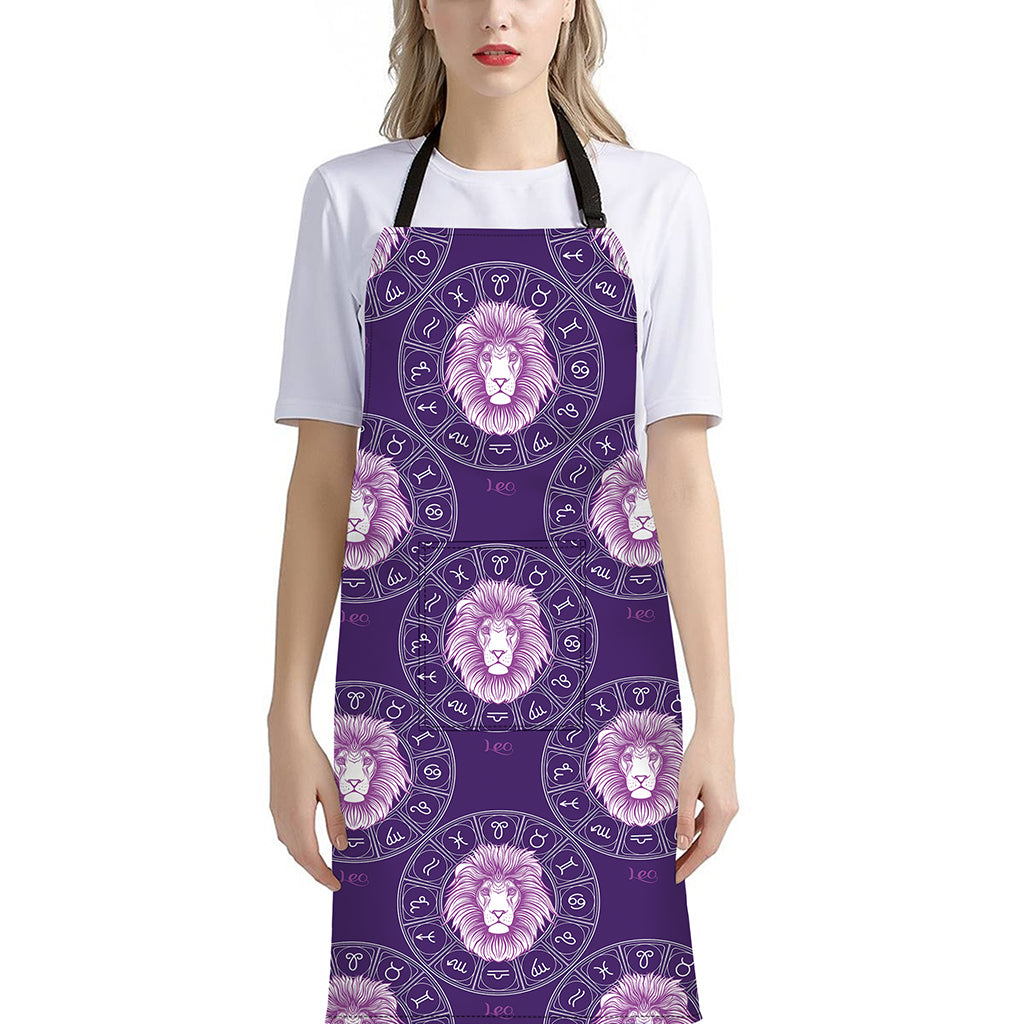 Purple Leo Zodiac Pattern Print Bib Apron With Pocket