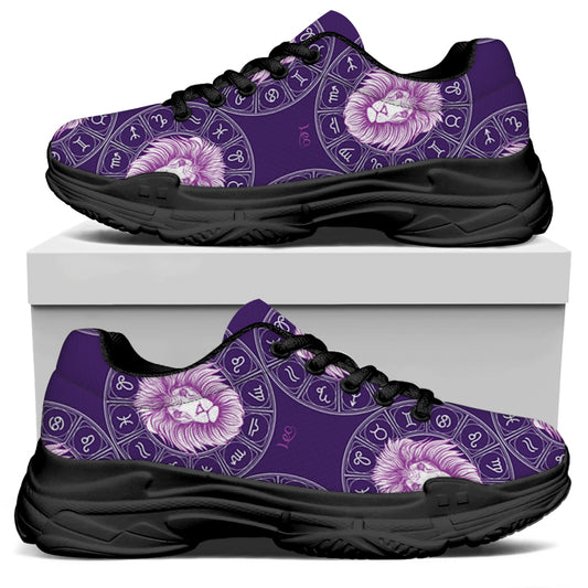 Purple Leo Zodiac Pattern Print Black Chunky Shoes