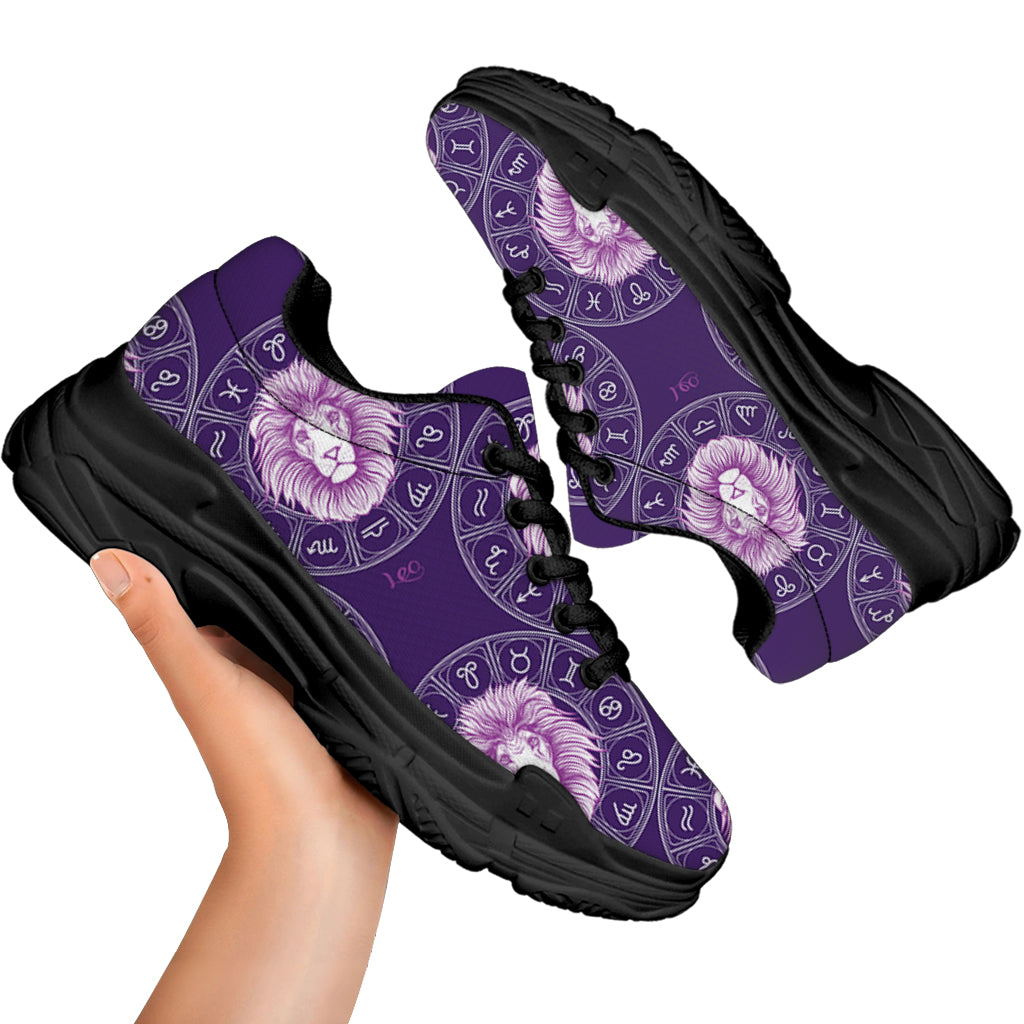 Purple Leo Zodiac Pattern Print Black Chunky Shoes