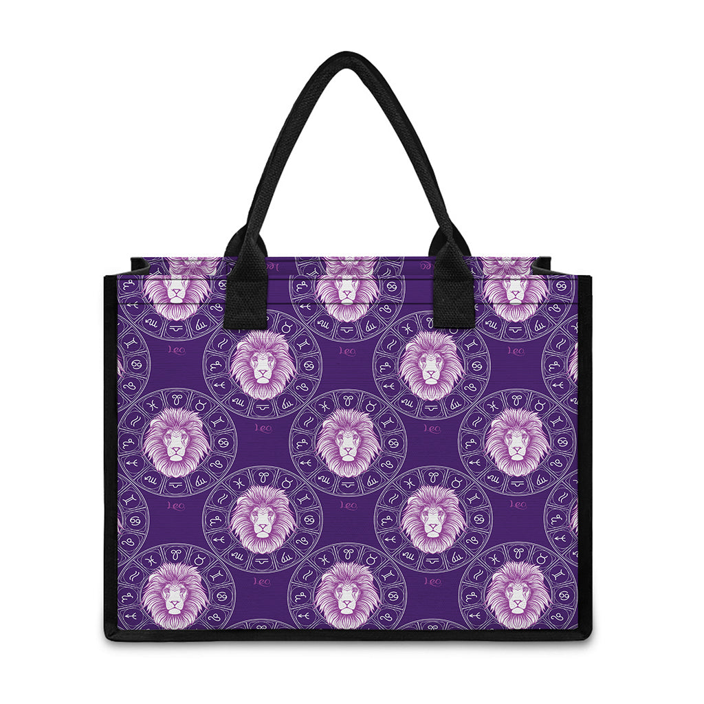 Purple Leo Zodiac Pattern Print Canvas Tote Bag