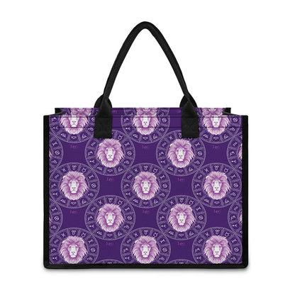 Purple Leo Zodiac Pattern Print Canvas Tote Bag
