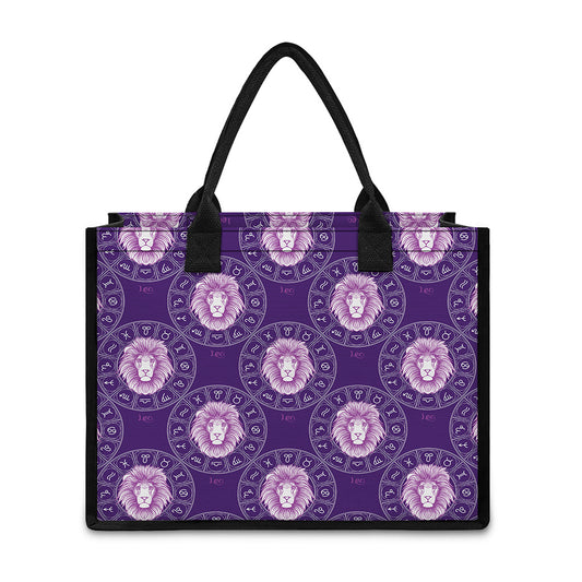 Purple Leo Zodiac Pattern Print Canvas Tote Bag