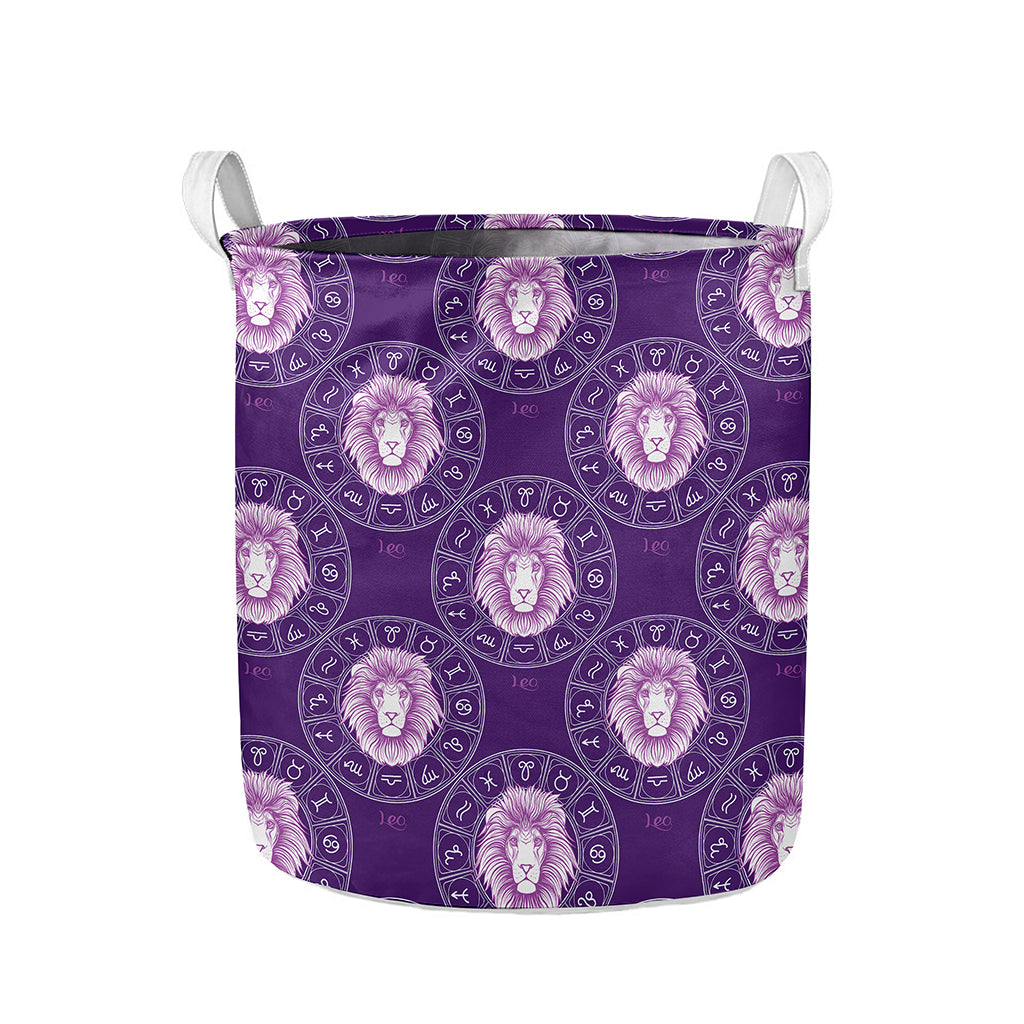 Purple Leo Zodiac Pattern Print Collapsible Laundry Basket