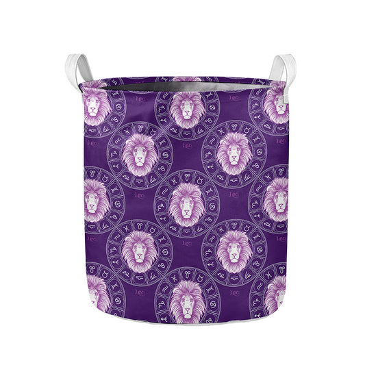 Purple Leo Zodiac Pattern Print Collapsible Laundry Basket