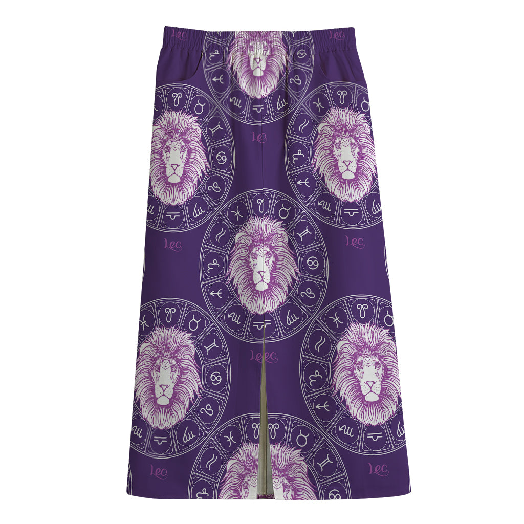 Purple Leo Zodiac Pattern Print Cotton Front Slit Maxi Skirt