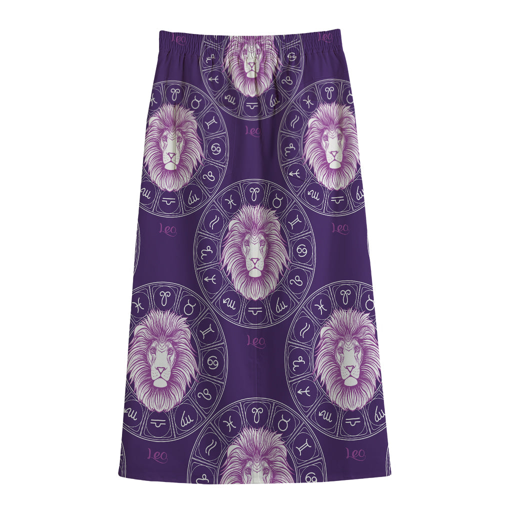 Purple Leo Zodiac Pattern Print Cotton Front Slit Maxi Skirt
