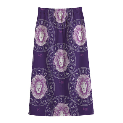 Purple Leo Zodiac Pattern Print Cotton Front Slit Maxi Skirt