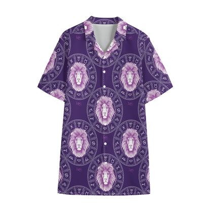 Purple Leo Zodiac Pattern Print Cotton Hawaiian Shirt