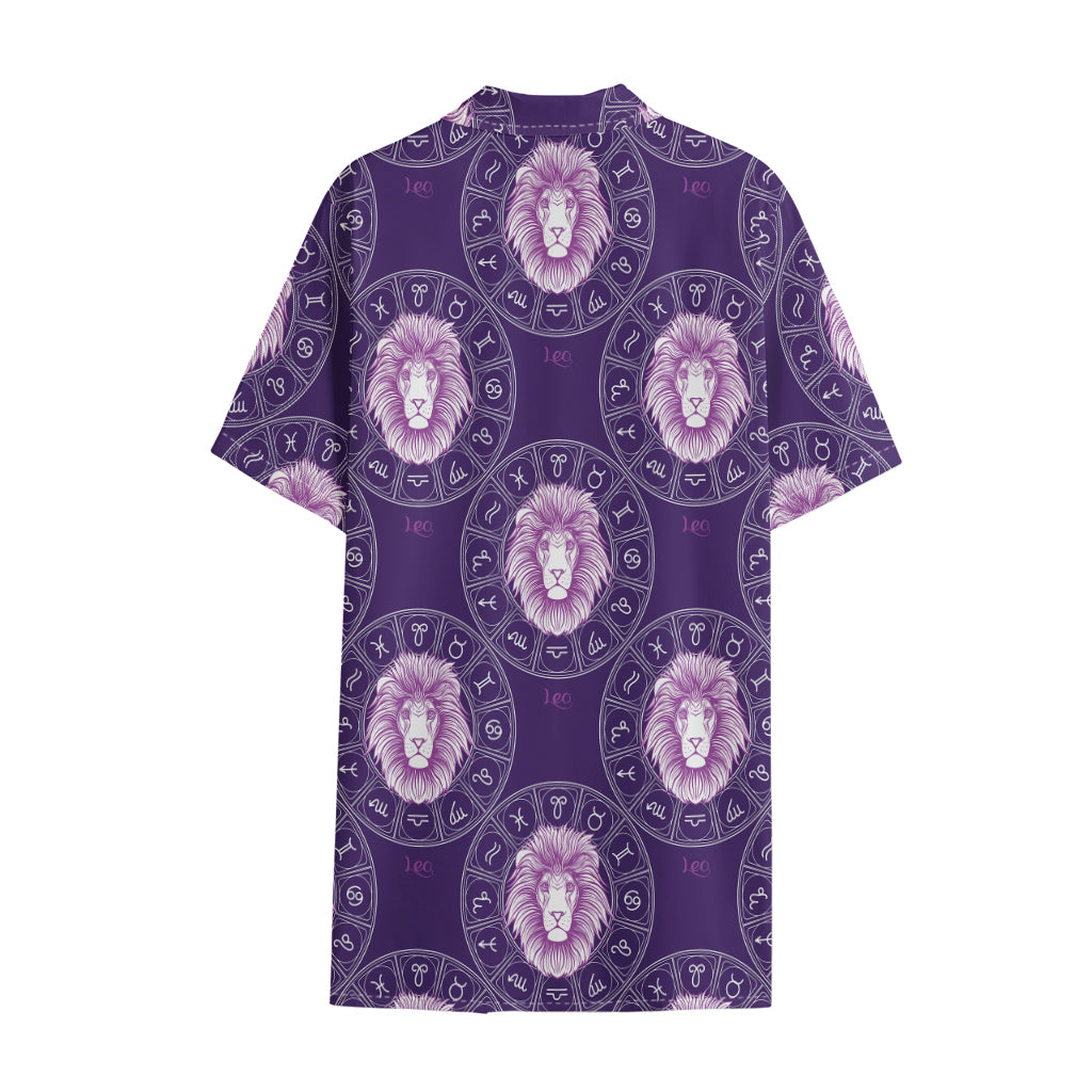 Purple Leo Zodiac Pattern Print Cotton Hawaiian Shirt
