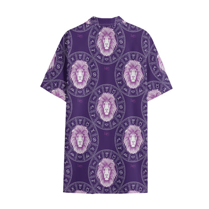 Purple Leo Zodiac Pattern Print Cotton Hawaiian Shirt