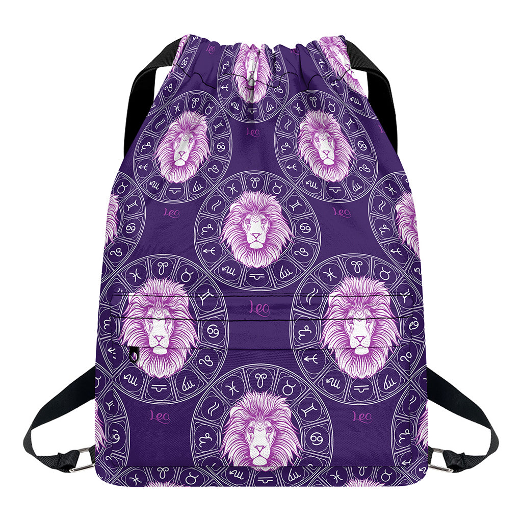 Purple Leo Zodiac Pattern Print Drawstring Backpack