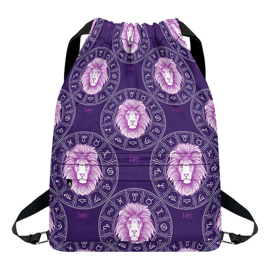 Purple Leo Zodiac Pattern Print Drawstring Backpack