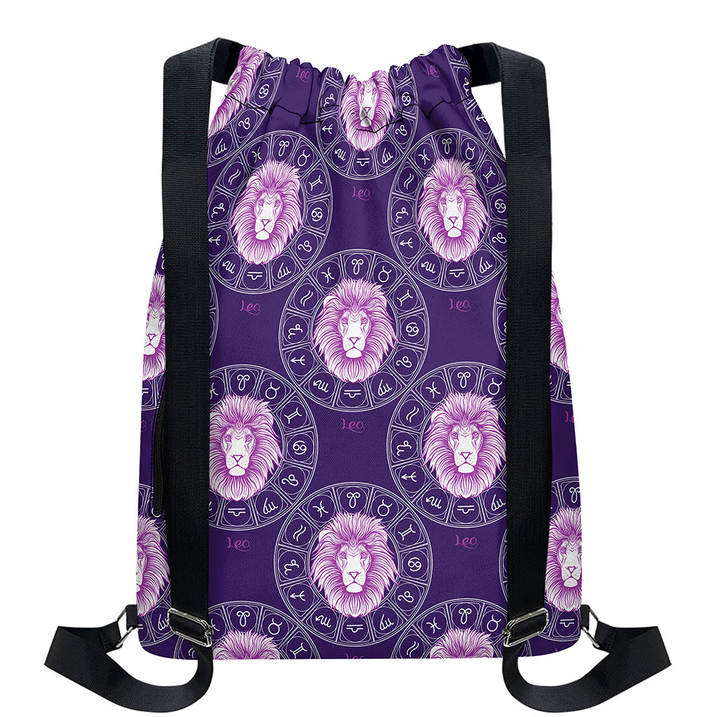 Purple Leo Zodiac Pattern Print Drawstring Backpack