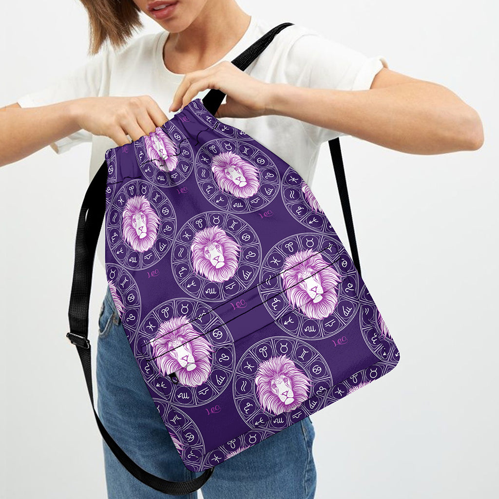 Purple Leo Zodiac Pattern Print Drawstring Backpack