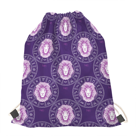 Purple Leo Zodiac Pattern Print Drawstring Bag