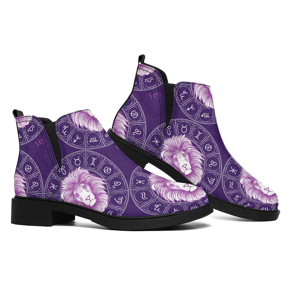 Purple Leo Zodiac Pattern Print Flat Ankle Boots