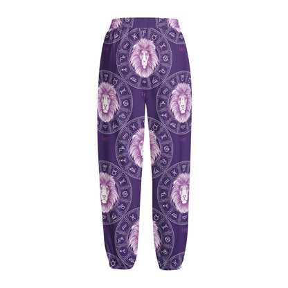 Purple Leo Zodiac Pattern Print Fleece Lined Knit Pants