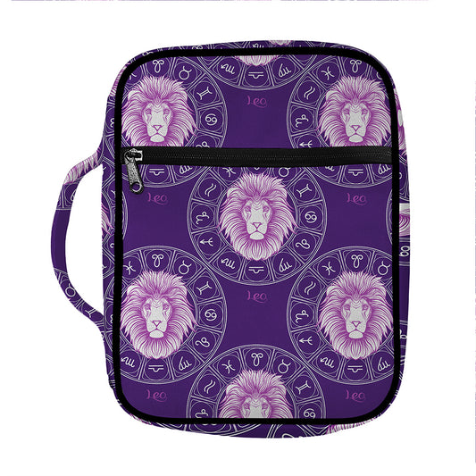 Purple Leo Zodiac Pattern Print Front Pocket Bible Bag