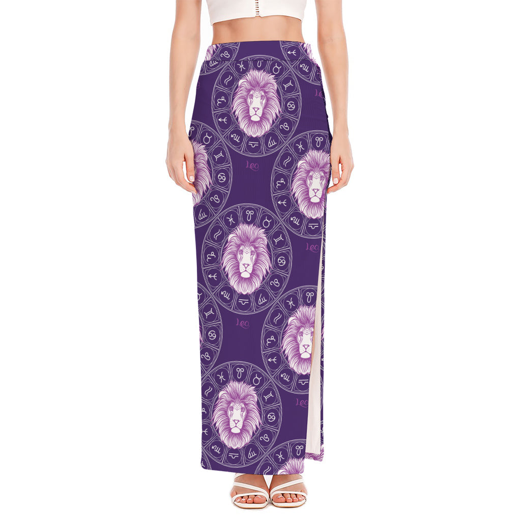 Purple Leo Zodiac Pattern Print High Slit Maxi Skirt