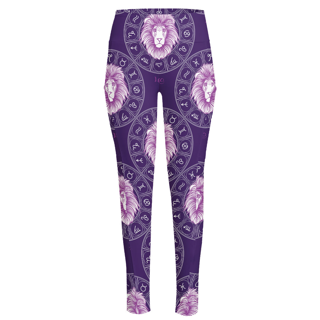 Purple Leo Zodiac Pattern Print High-Waisted Pocket Leggings