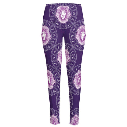 Purple Leo Zodiac Pattern Print High-Waisted Pocket Leggings