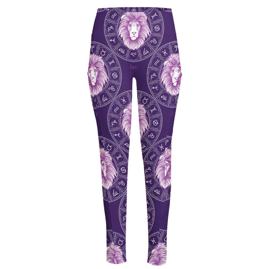 Purple Leo Zodiac Pattern Print High-Waisted Pocket Leggings