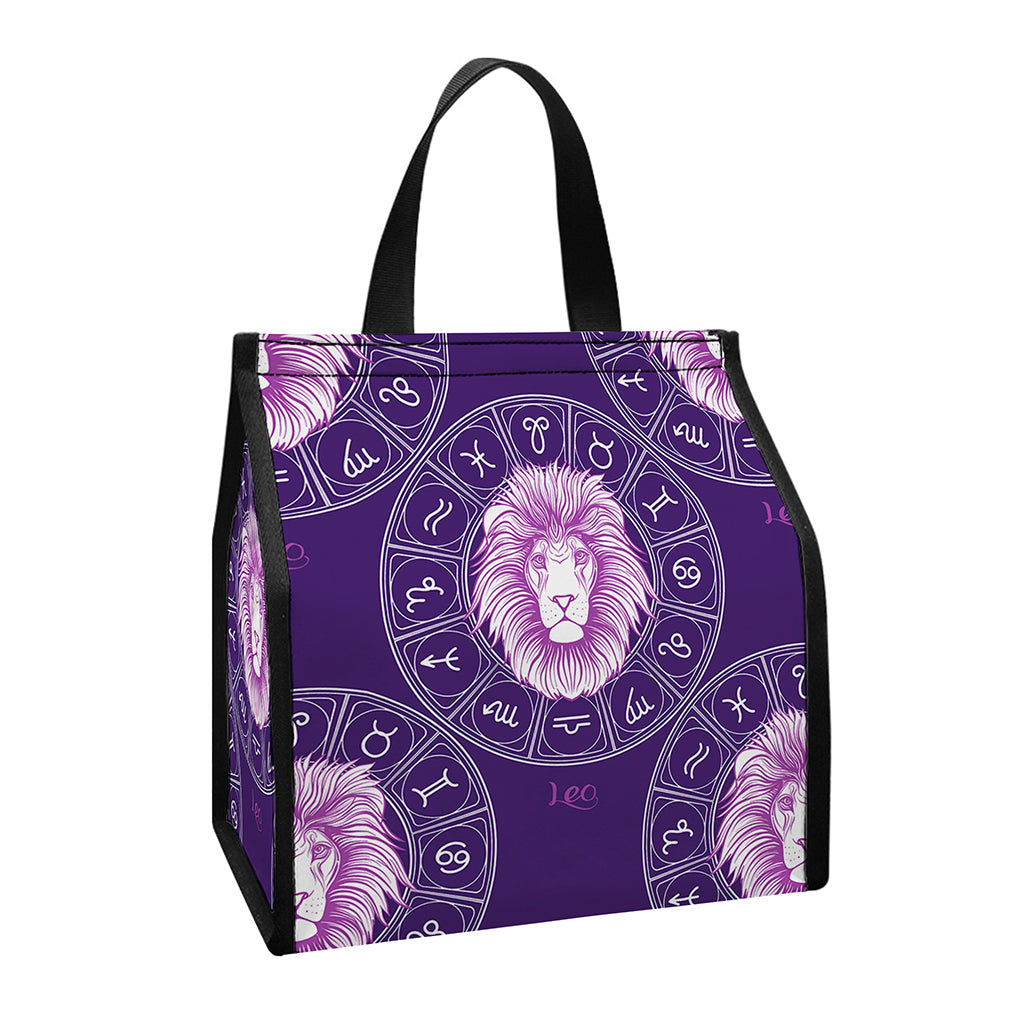 Purple Leo Zodiac Pattern Print Insulated Lunch Tote