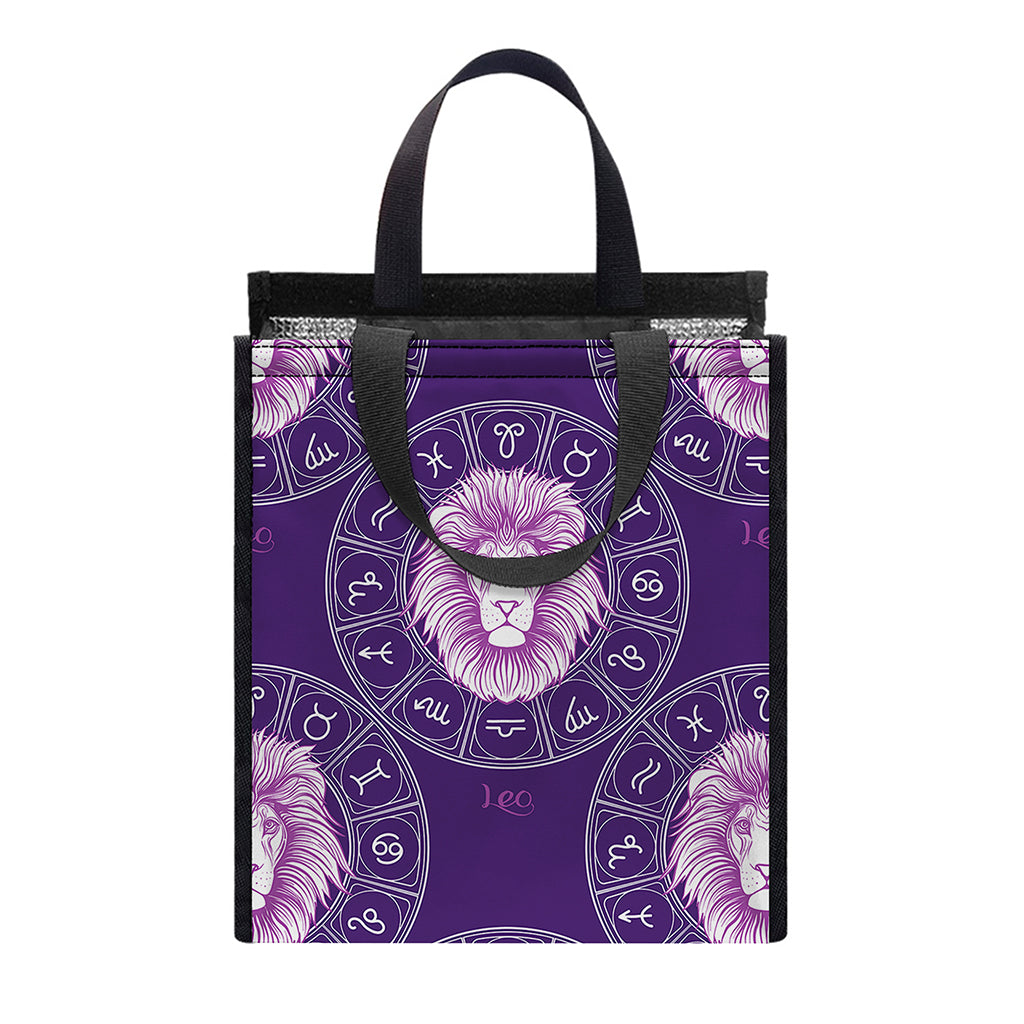 Purple Leo Zodiac Pattern Print Insulated Lunch Tote