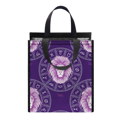 Purple Leo Zodiac Pattern Print Insulated Lunch Tote