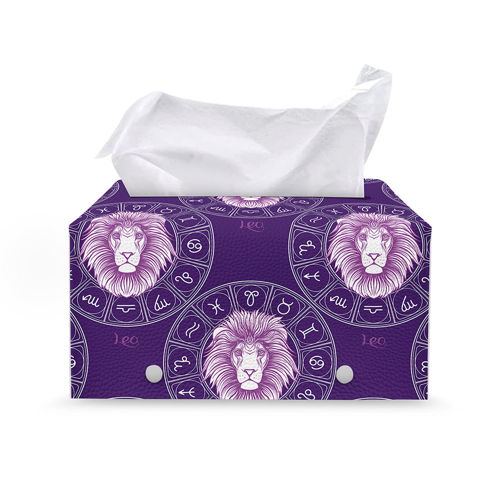 Purple Leo Zodiac Pattern Print Leather Tissue Box Cover