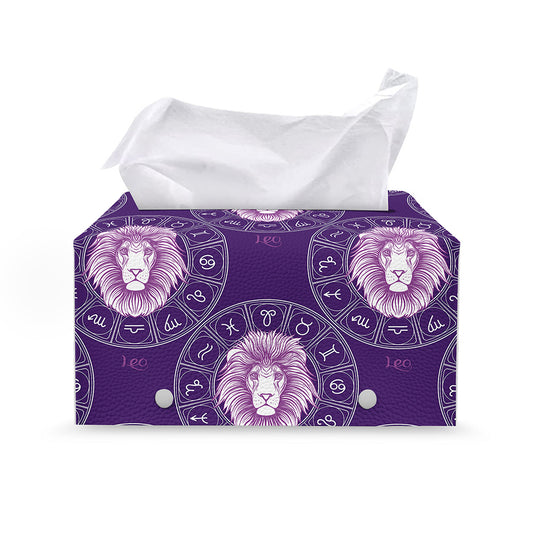 Purple Leo Zodiac Pattern Print Leather Tissue Box Cover