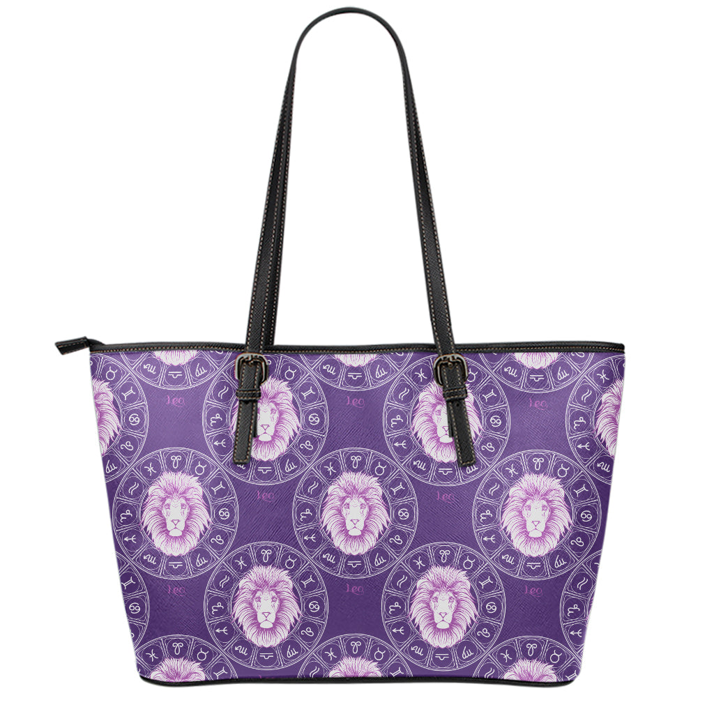Purple Leo Zodiac Pattern Print Leather Tote Bag