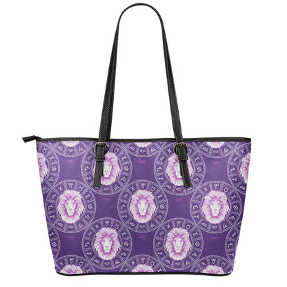Purple Leo Zodiac Pattern Print Leather Tote Bag