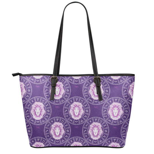 Purple Leo Zodiac Pattern Print Leather Tote Bag