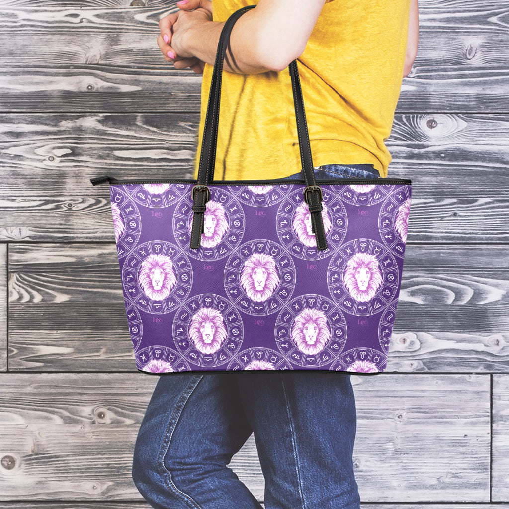 Purple Leo Zodiac Pattern Print Leather Tote Bag