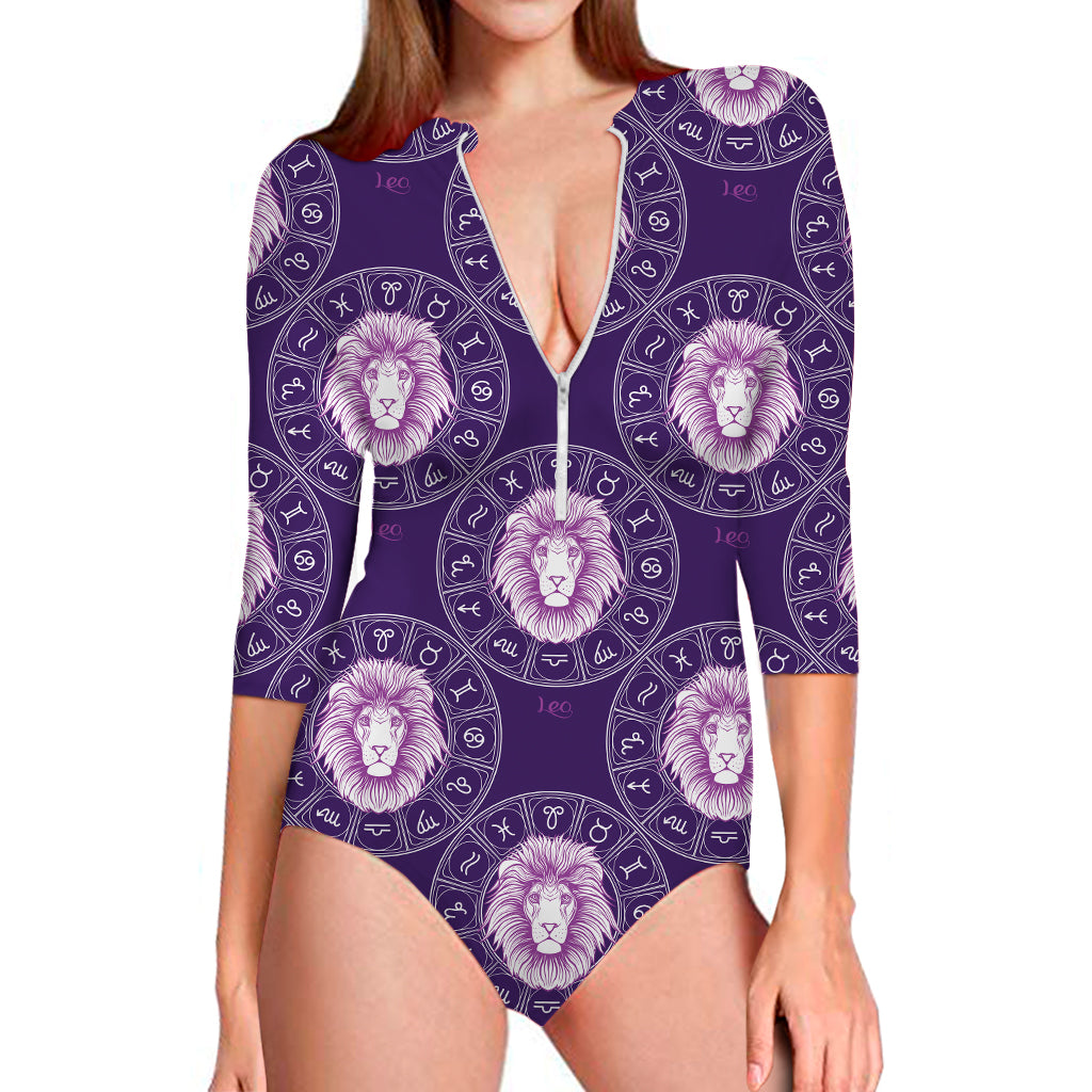 Purple Leo Zodiac Pattern Print Long Sleeve Swimsuit
