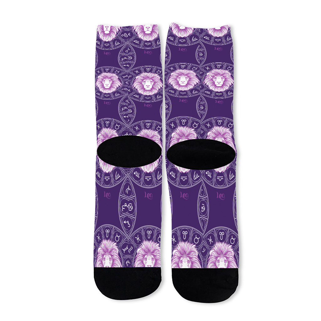 Purple Leo Zodiac Pattern Print Long Socks