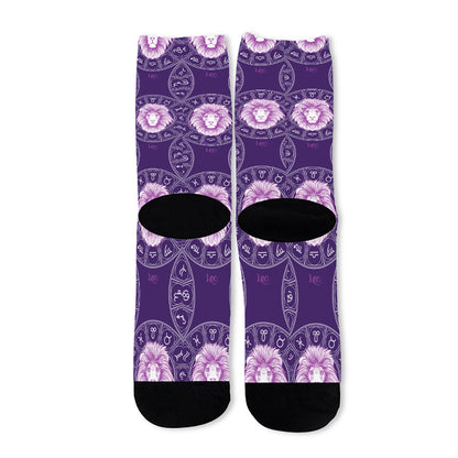 Purple Leo Zodiac Pattern Print Long Socks