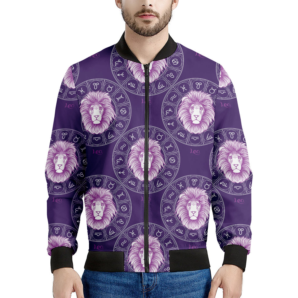 Purple Leo Zodiac Pattern Print Men's Bomber Jacket