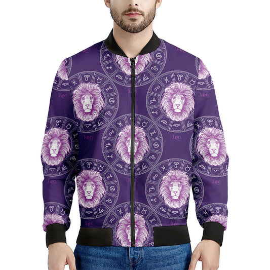 Purple Leo Zodiac Pattern Print Men's Bomber Jacket
